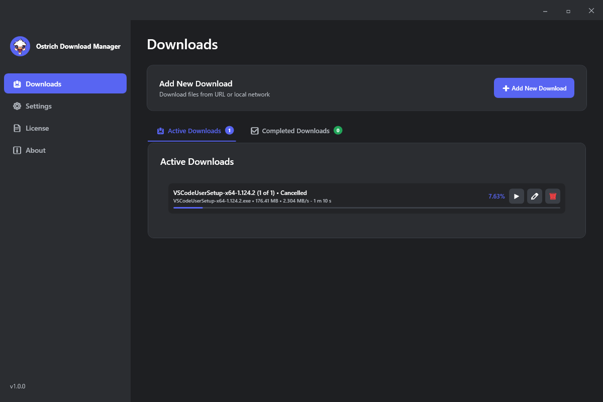 Ostrich Download Manager Interface showing Smart Acceleration and download queue